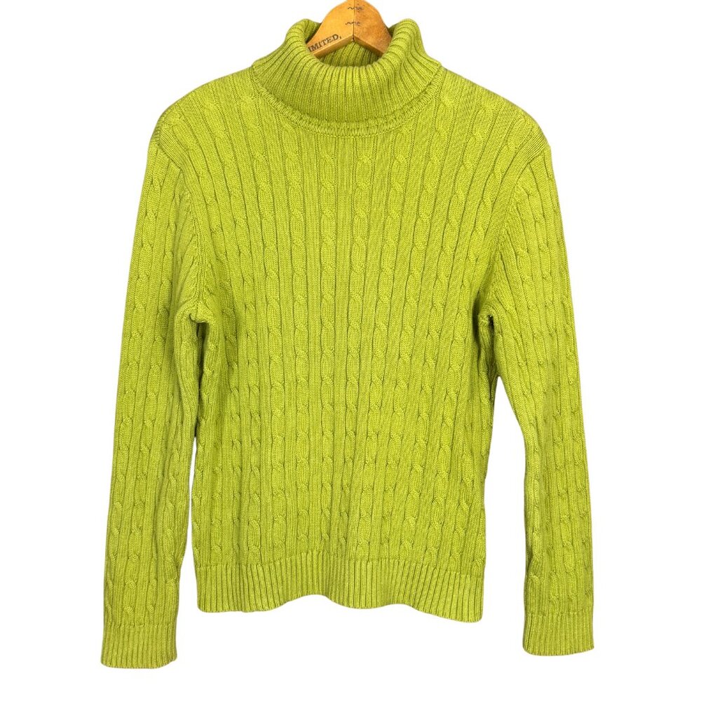 Jones New York Avocado Green Cable Knit Turtleneck Petite Large 90s Preppy Y2K